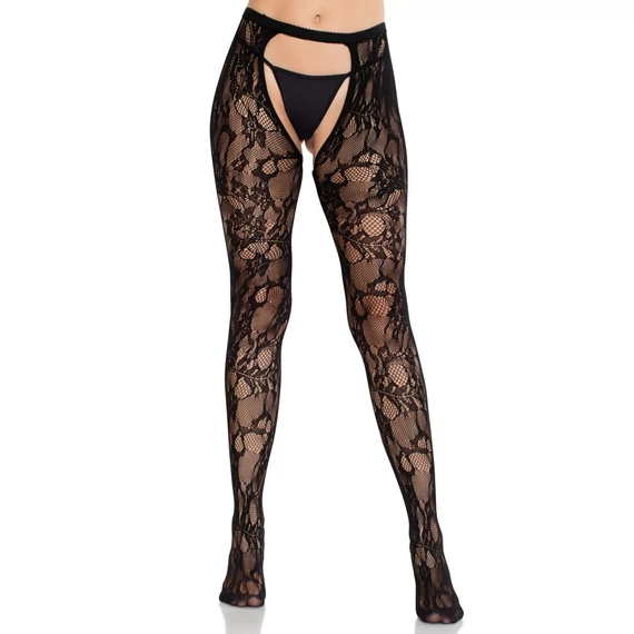 Rose Lace Crotchless Tights with Open Back - Black O/S